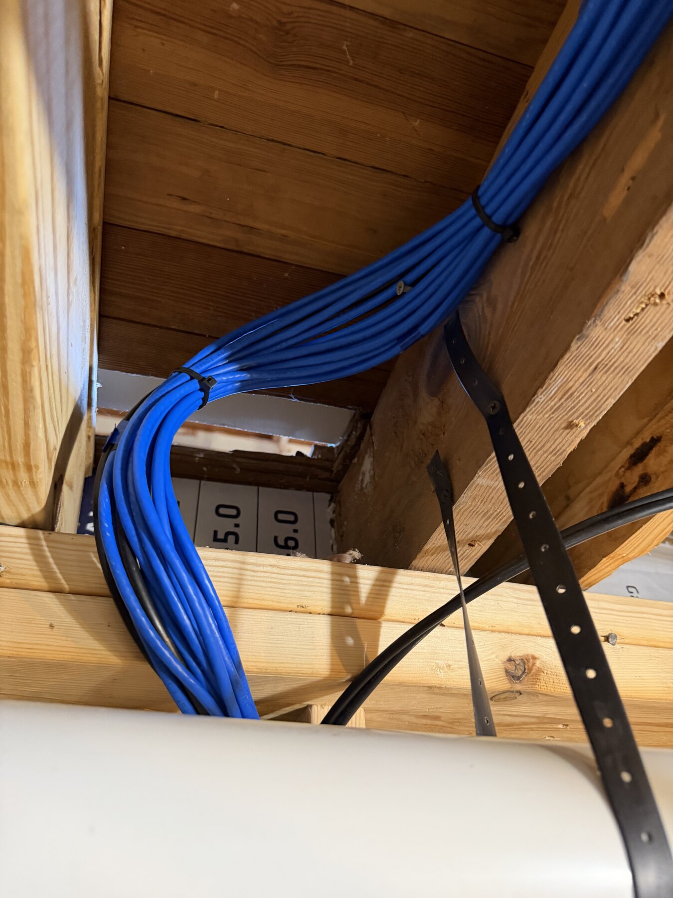 Cat6 prewire bundle routed through the framing of a new-construction home in Blacksburg, Virginia