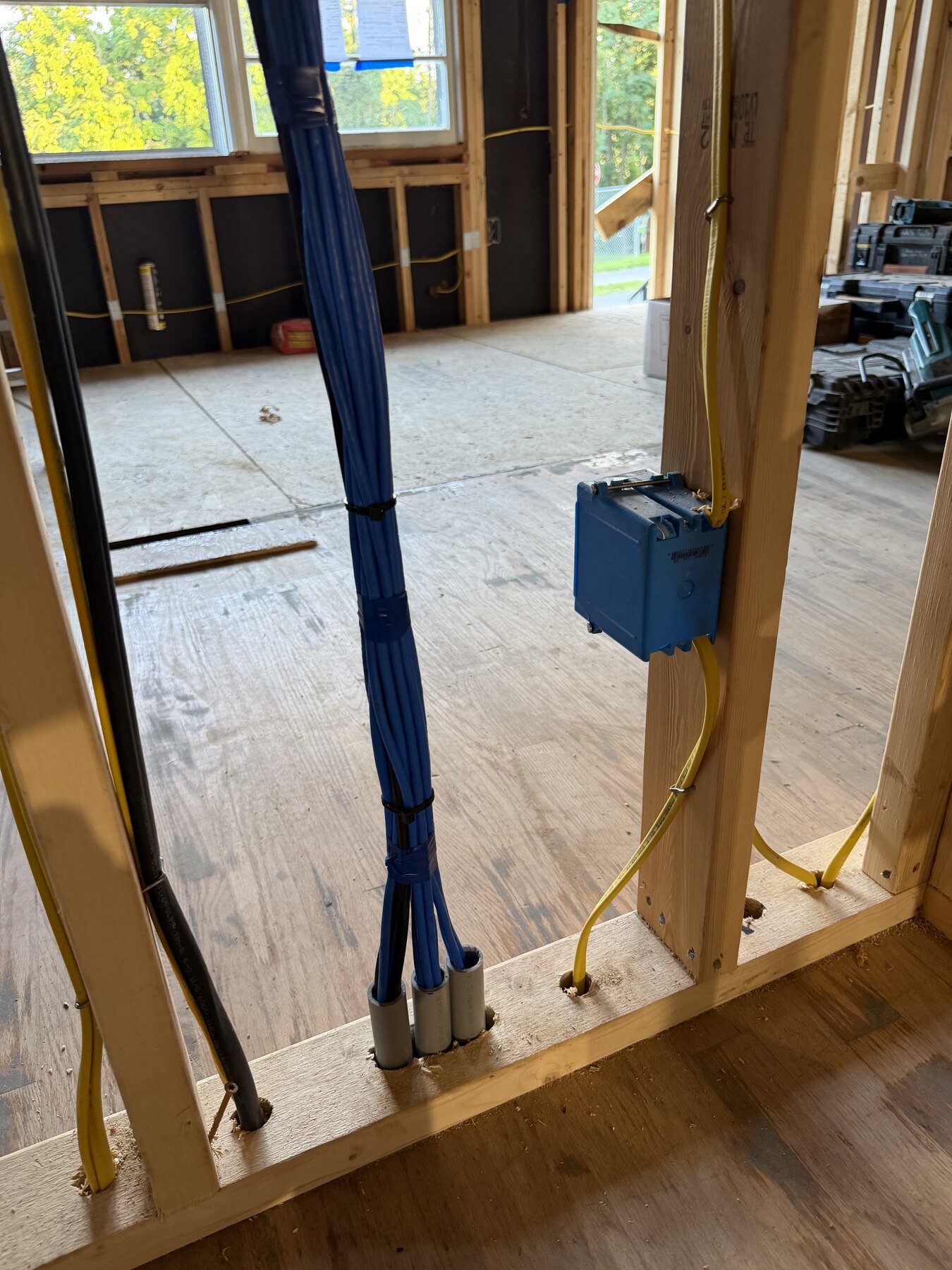 Planned Cat6 cable bundle dropped down a stud bay to conduit stub-ups in a Blacksburg new-construction home