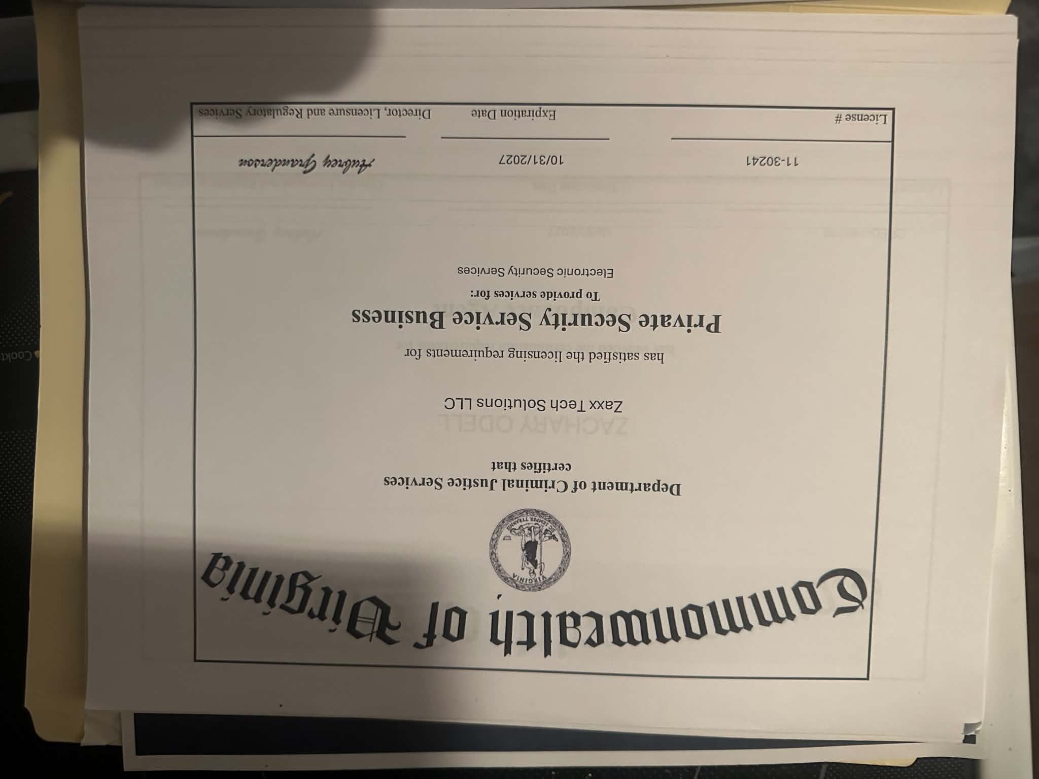 Zaxx Tech Solutions DCJS License Certificate #11-30241 issued by the Virginia Department of Criminal Justice Services