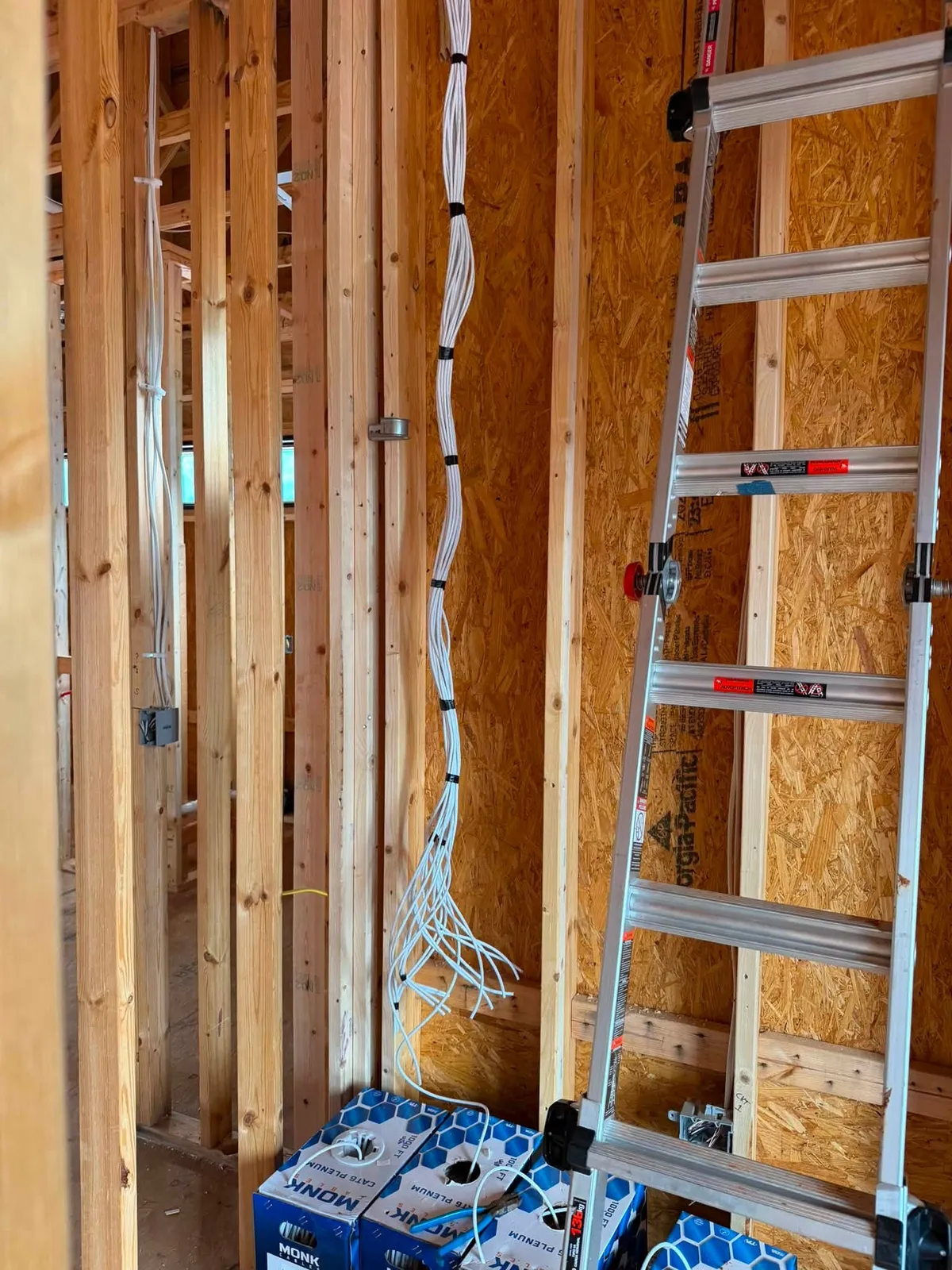 Bundled CAT6 cable runs routed down a stud bay during new construction in Rocky Mount Virginia