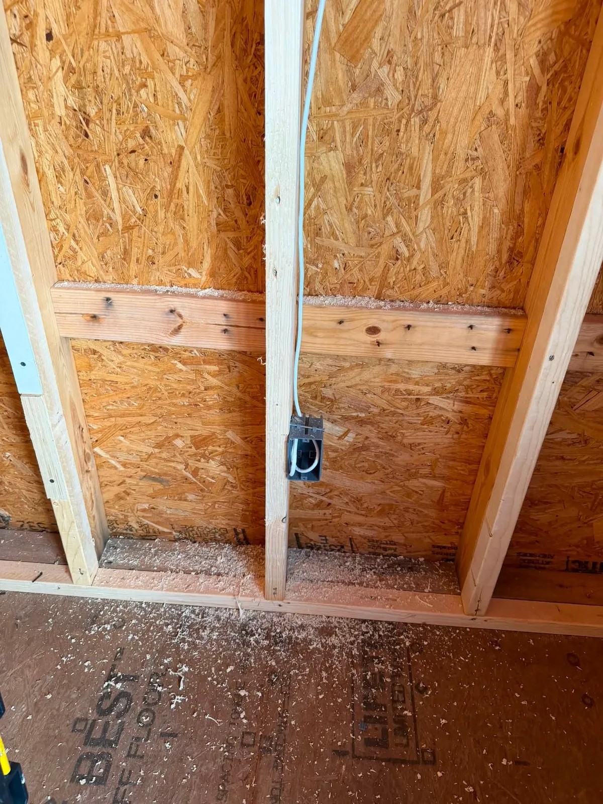 Single low-voltage rough-in box mounted on a stud in a Rocky Mount VA new construction home