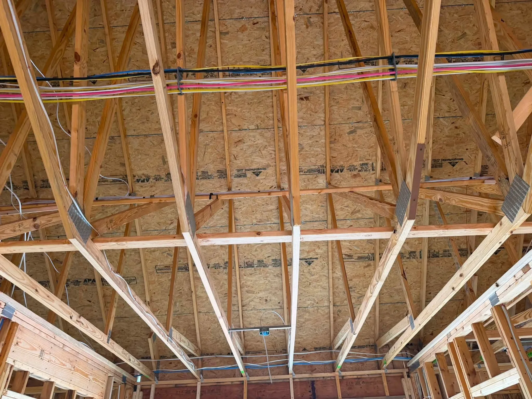 Low-voltage prewire cabling routed across the framing of a new construction home in Rocky Mount, Virginia