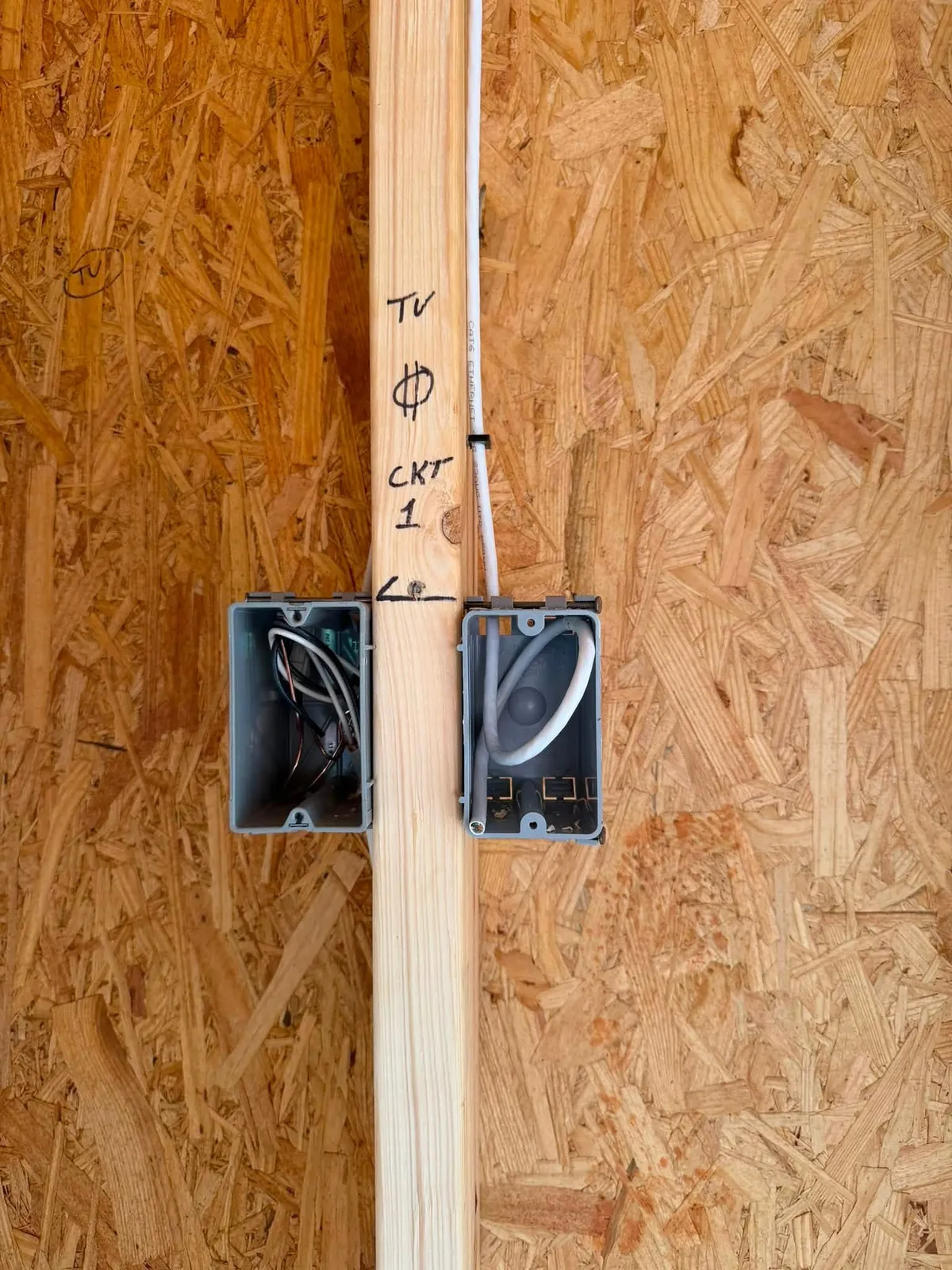 CAT6 Ethernet outlet prewired at a television location in a Rocky Mount VA new construction home