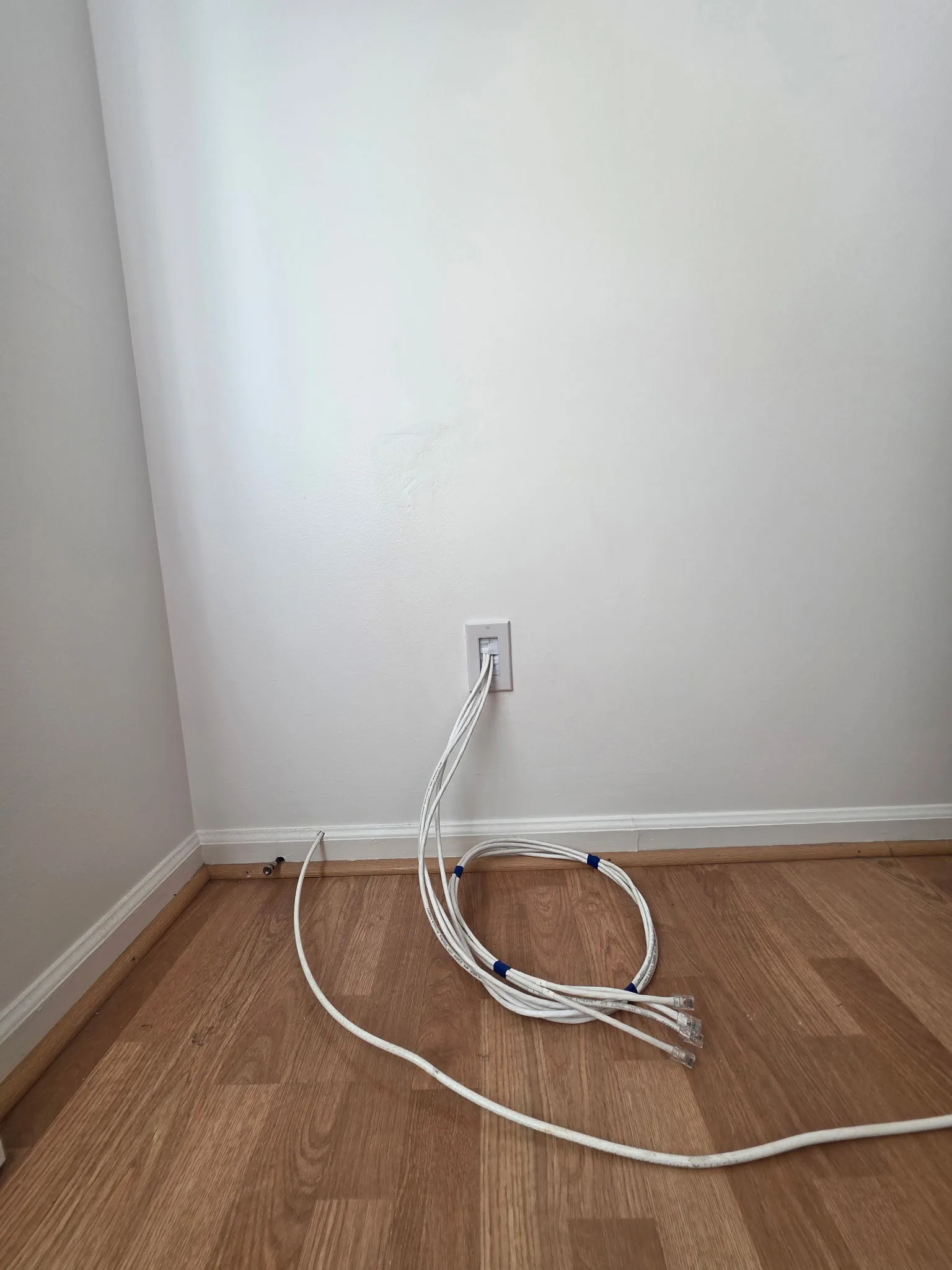 Camera cables entering a Salem home through a low-voltage wall plate