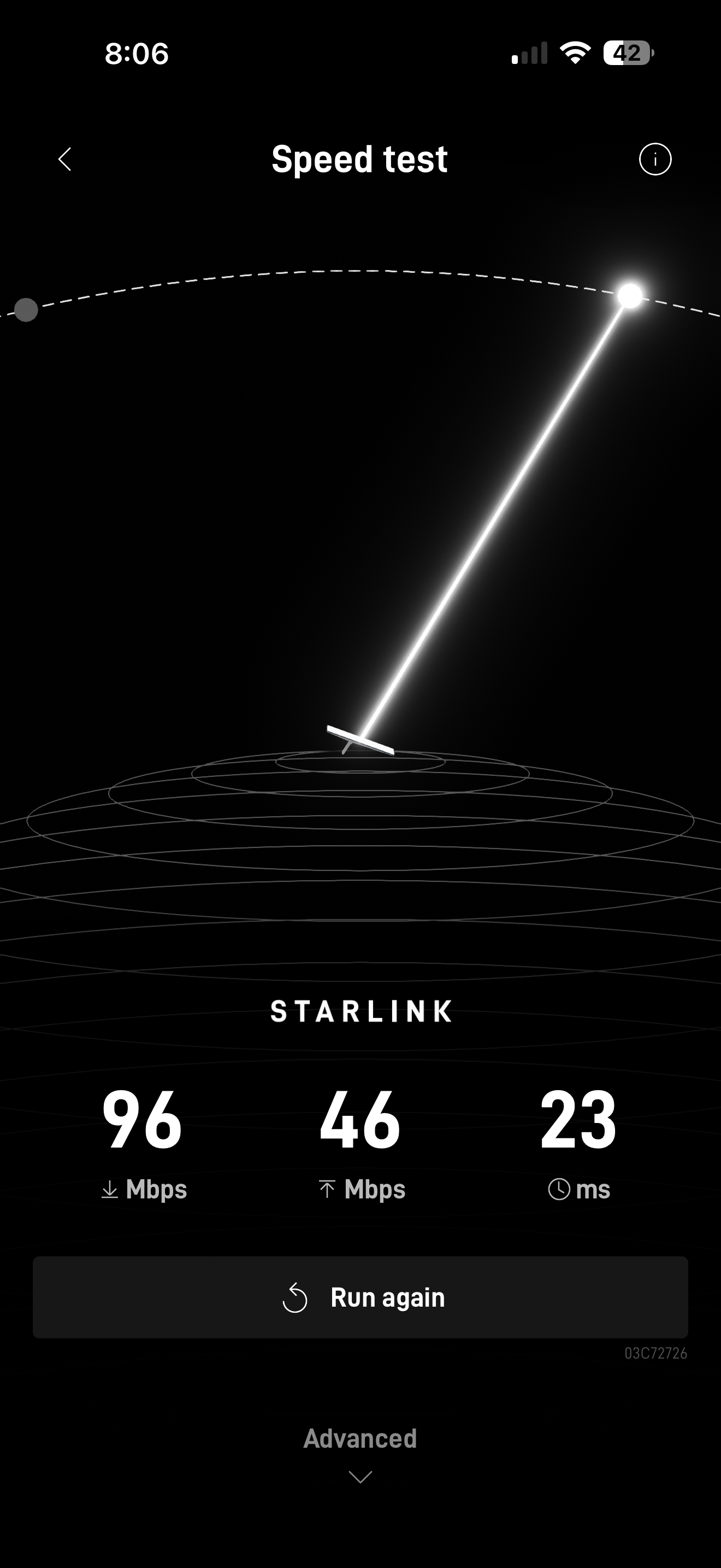 Starlink speed test showing 96 Mbps download, 46 Mbps upload, 23ms latency